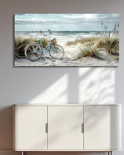 FUHAIHUA Large Wall Art For Bedroom Canvas Wall Decor For Living Room Office Decoration Blue Beach Bicycle Seascape Painting Ocean Landscape Wall Pictures Artwork Modern Home Decor Posters 30"X60"