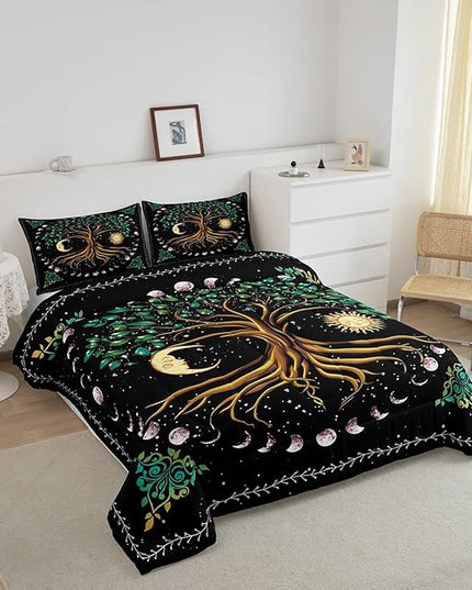 Tree Artwork Kids Comforter Set King Size,Sun Moon Starry Sky Galaxy Trippy Bedding Set,Boys Girls Adults Room Decor,Boho Exotic Psychedelic Down Comforter,Watercolor Duvet Insert,2 Pillowcases