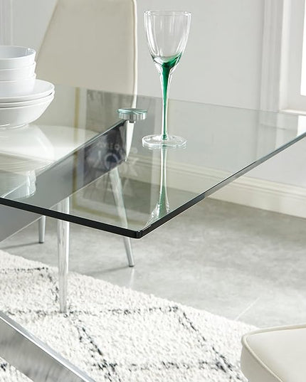 Edwin's Choice 58.5” Rectangle Glass Dining Table, Tempered Glass Tabletop and Metal Tubular Legs, Modern Style Table for Home, Kitchen, Dining Room 58.5”Lx29”Wx30”H, Silver (Table Only)