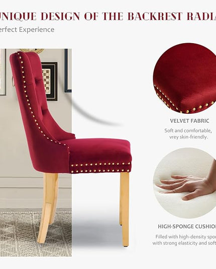 SoarFlash Velvet Dining Chairs Set of 2, Tall Back Side Chair, Modern Upholstered Side Chair with Button Back Ring, Gold Plated Stainless Steel Legs (Red)