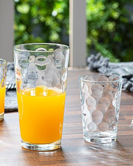 Set of 12 Elegant Everyday Stackable Drinking Glasses - Includes 4-17oz Highball Tumbler Glassware, 4-13oz DOF Rock Glasses, 4-7oz Juice Glasses for Mixed Drinks, Water, Beer, Wine.