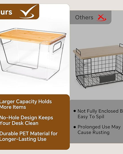 Criusia 2 Set Pantry Organizers and Storage with Bamboo Lids, Stackable Clear Bins for Onion, Potato, Fruit, Vegetables, Trash Bag Dispenser, Kitchen and Under Sink Organizer