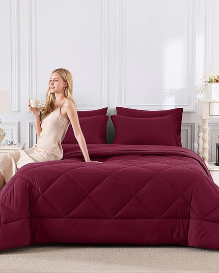 CozyLux King Size Comforter Set Burgundy - 7 Pieces Bed in a Bag King, Luxury Soft Bed Set for All Seasons, Bedding Set with Down Alternative Comforter, Sheets, Pillowcases & Shams