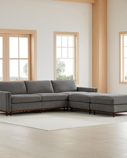 CHITA Super Large Luxury L Shape Convertible Sectional Modular Sofa, Down Filled Modern Sofa, Deep Seat Cloud Couch, 118 inch Width, 5 Seat Couch with Chaise, 2 Ottomans, Solid Wood Leg, Grey