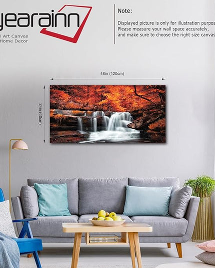 Large Canvas Wall Art Waterfall Autumn Forest Canvas Picture Stream River Landscape Red Tree Modern Canvas Artwork Contemporary Nature Picture Living Room Bedroom Home Office Wall Decor 24" x 48"