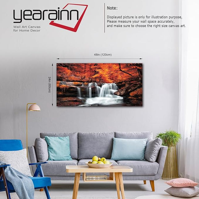 Large Canvas Wall Art Waterfall Autumn Forest Canvas Picture Stream River Landscape Red Tree Modern Canvas Artwork Contemporary Nature Picture Living Room Bedroom Home Office Wall Decor 24" x 48"