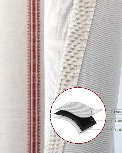 DriftAway Farmhouse Linen Blend Blackout Curtains 108 Inches Long for Bedroom Vertical Striped Printed Linen Curtains Thermal Insulated Lined Treatments for Living Room 2 Panels W52 x L108 Red