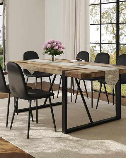 FURNITO Wood Dining Table Set for 6, 71" Large Rectangular Kitchen & Dining Room Table with 6 PU Leather Chairs, Modern Farmhouse Dining Set for Home, Living Room, Office, or Conference Room