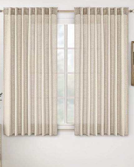 MIULEE Beige Linen Curtains 54 Inch Length 2 Panels for Bedroom Living Room, Soft Linen Textured Window Drapes Semi Sheer Light Filtering Back Tab Rod Pocket Farmhouse Modern Burlap Look Decor