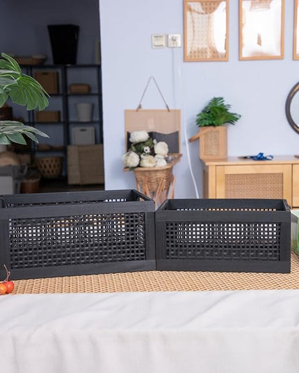 Wooden Storage Baskets,Black Woven Bamboo Basket Nesting Boxes with Built-in Handle for Pantry, Kitchen,Living Room,Shelves,Set of 2