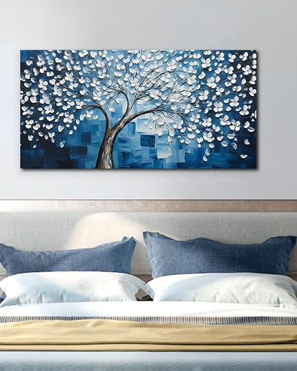 SSNEEKNDG Blue Tree of Life Wall Art for Bedroom White Flower Tree Large Artwork for Living Room Office Kitchen Modern Aesthetic Pictures Canvas Prints 24"x48"