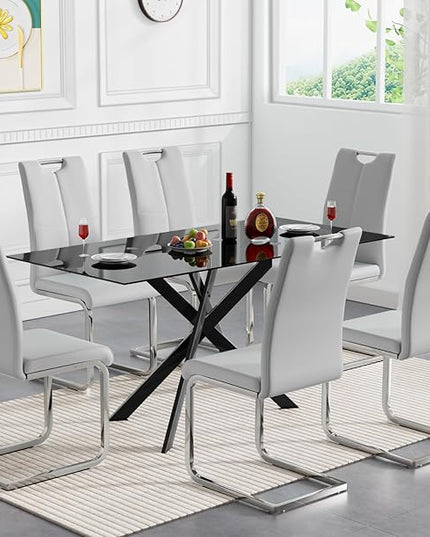 7 Piece Glass Dining Table Set, Glass Kitchen Dining Room Table Set for 6, Modern 51" Rectangular Black Glass Metal Dining Table with 6 Grey Leather Dining Chairs for Kitchen Dining Room