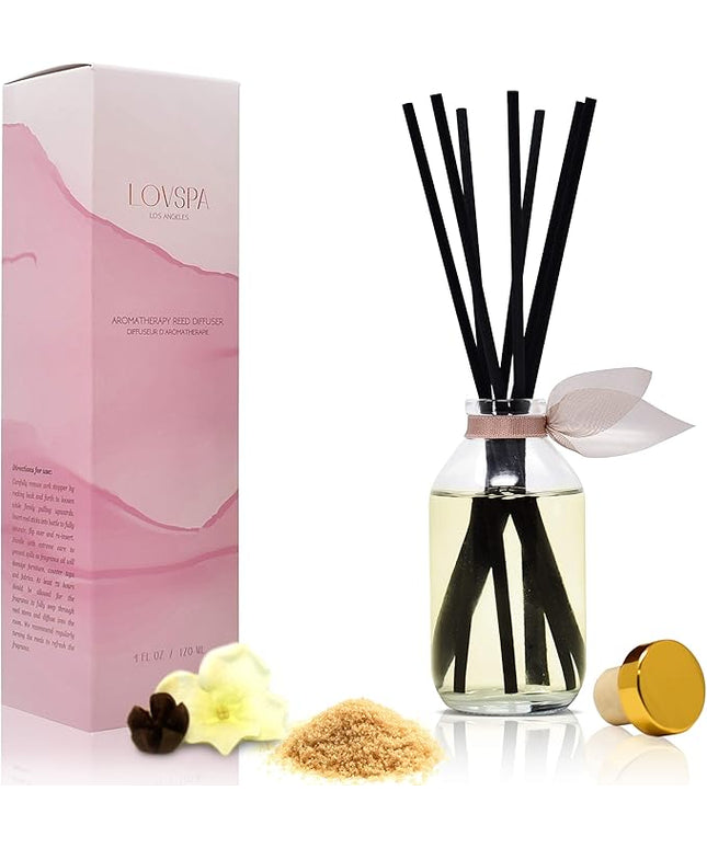 LOVSPA Reed Diffuser Set, Warm Vanilla Sugar Scented Oil Diffuser with Sticks, Home Fragrance Accessories for Bathroom Shelf Decor, Aroma Diffusers for Home or Office Fall Decor, USA Made