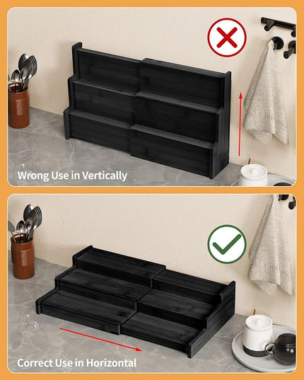 Spice Rack, 3-Tier Expandable Bamboo Spice Rack Organizer for Cabinet, Kitchen, Pantry and Cupboard Storage Organizer-Black(2pack)