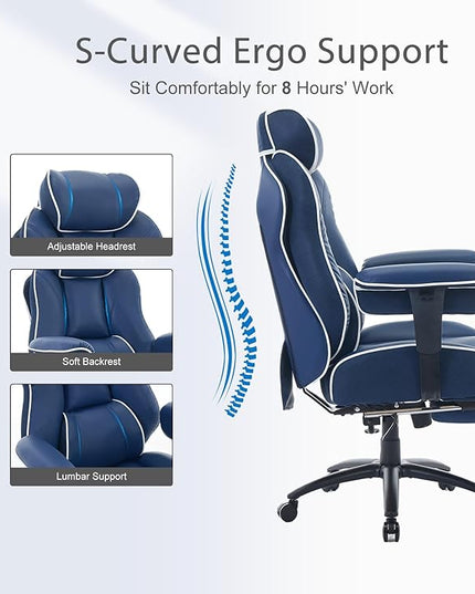 DJ·Wang Big and Tall Office Chair with Foot Rest, High Back Executive Office Chair PU Leather, Ergonomic Chairs with Lumbar Support, 135° Reclining Chairs with Thickened Spring Cushion Blue