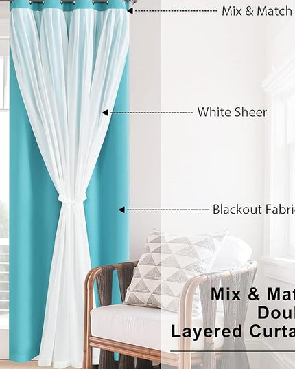 Hiasan Mix & Match Blackout Curtains with Sheer Overlay, Double Layer Sun Blocking Thermal Insulated Grommet Window Curtains for Bedroom, Living Room, 2 Panels with Tiebacks, Turquoise, 52W X 108L