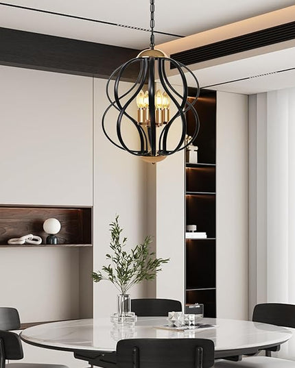 Black and Gold Chandelier for Dining Room, 4-Light Modern Farmhouse Chandelier Light Fixture, Adjustable Industrial Pendant Lights Kitchen Island, Hanging Chandeliers for Living Room Foyer