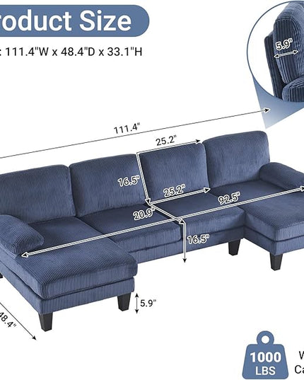 VINGLI 110" Sectional Couches for Living Room,U Shaped Couch with Double Chaise, 4-Seat Sofa Set with Corduroy Fabric for Home Furniture,Ocean Blue