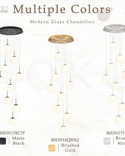 KoKo&Yukina 9-Light Globe Milky White Glass Pendant Light Adjustable Length Pendant Lights Modern Glass Globe Pendant Lights Gold Chandeliers Large Chandeliers for High Ceilings (Bulb & Remote Incl)