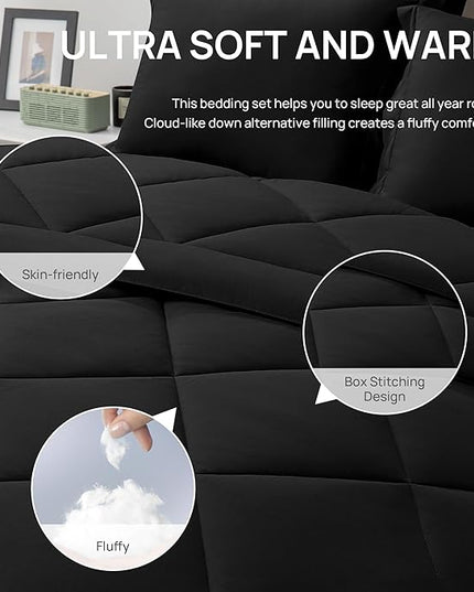 Love's cabin Twin Comforter Set Black, 5 Pieces Twin Bed in a Bag, All Season Bedding Sets with 1 Comforter, 1 Flat Sheet, 1 Fitted Sheet, 1 Pillowcase and 1 Pillow Sham