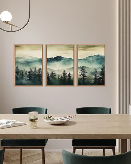 HOURIA Large Boho Mountain Forest Framed Canvas Wall Art Set,Nature Foggy Woodland Wall Decor,Modern Pine Tree Artwork,Watercolor Botanical Art Print for Living Room,Bedroom,Farmhouse- 16"x24"x3