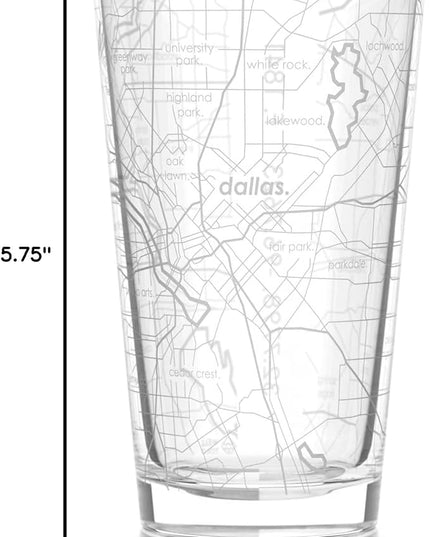 Well Told Engraved Dallas Texas Map Pint Glass, Etched Beer Gift (16 oz, Clear) City Map Pint, Custom City Glassware, Gifts For Beer Lovers