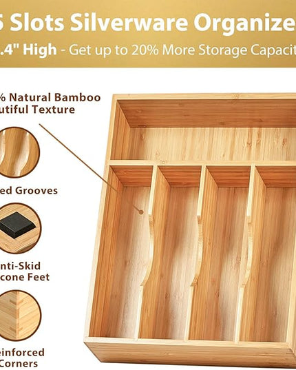 Umilife Kitchen Drawer Organizer, 10 Inch Silverware Utensil Tray Holder, Extra Deep, with Non-Slip Feet & Grooved Drawer Divider, 5 Slots Total Bamboo Wood Caddy for Flatware Cutlery Knives