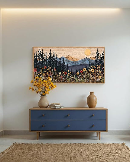 Houria Mid Century Woodland Mountain Framed Canvas Wall Art Set,Vintage Natural Sunset Wildflower Forest Field Decor,Wilderness Boho Floral Pine Tree Landscape Artwork for Living Room,Office-20"x40"x1