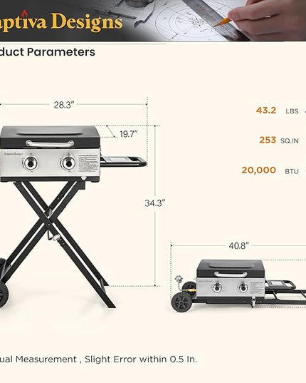Captiva Designs 17 Inch 2 Burner Portable Propane Gas Griddle Grill with Lid, Outdoor Foldable Flat Top Grill with Stand for Barbecue, Camping and Tailgating