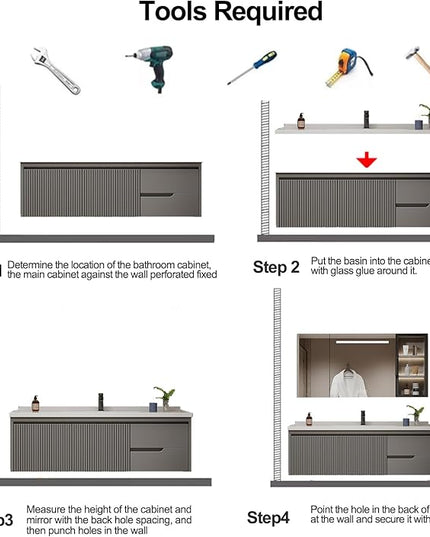 Grey Bathroom Vanity With Sink - 36IN Bathroom Vanity Include Smart Defog Mirror Cabinet & LED Light & 2 Drawers | Side Cabinet Storage Design & Three-Dimensional Stripe Design, Easy to Install