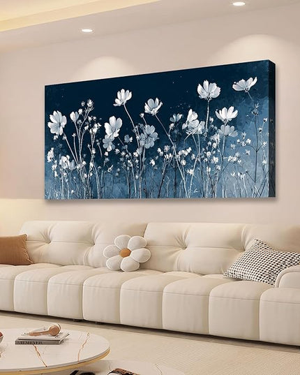 HUADAOART Canvas Wall Art White Wildflowers on Navy Blue Background Modern Floral Home Decor for Bedroom 20" x 40"