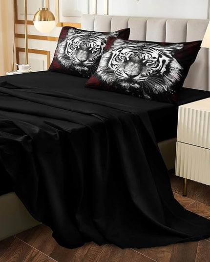 Bedbay Tiger Comforter Set King Size Rose Floral Bedding Set Wild Animal Print 8 Pcs King Size Bed in a Bag Set Boys Teen Room Decor Animal Bedding Set