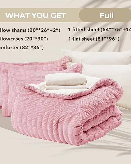 HYMOKEGE Pink/Ivory Full Size Comforter Sets Seersucker 7 Pieces, All Season Luxury Bed in a Bag for Bedroom, Bedding Set with Comforter, Sheets, Pillowcases & Shams