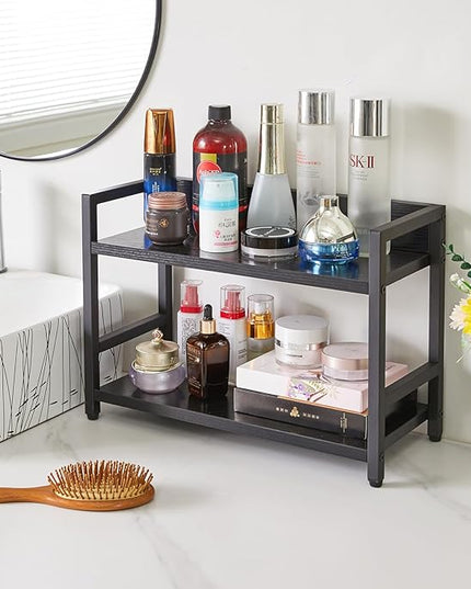 IBUYKE 2-Tier Spice Rack Industrial Counter Shelf Desktop Storage Organizer Standing Seasoning Rack for Countertop Kitchen Office Living Room Desktop Black UTLJ002B