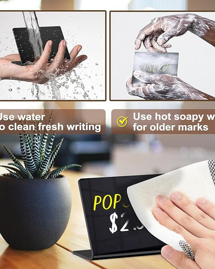 PigPotParty Acrylic Mini Chalkboard Signs for Outdoor Party Buffet, 12 Pcs 4"x3", Glossy Black Elegant Food Labels for Wedding, Table Signs, Place Cards, Include 2 Wet Erase Markers