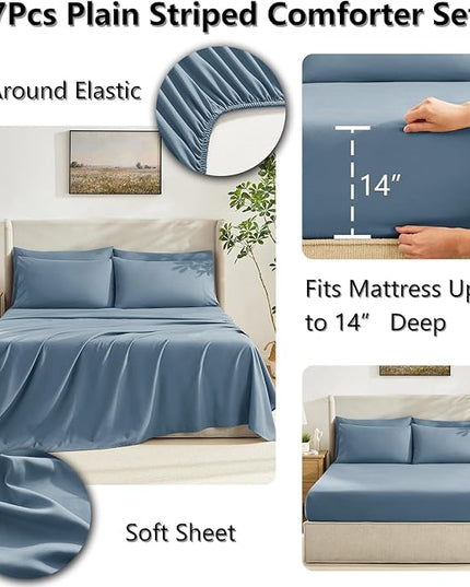 CozyLux California King Comforter Sets Mineral Blue, 7 Pieces Cal King Bed in a Bag, All Season Bedding Sets with Stitch Quilted Comforter, Flat Sheet, Fitted Sheet, Pillowcases