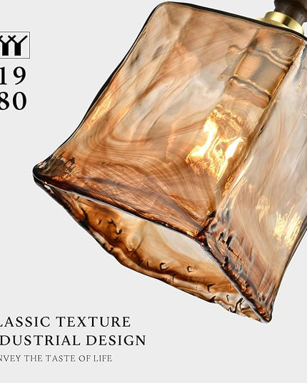 Modern Amber Glass Pendant Light, 5.25"x11.7" Elongated Hanging Fixture with Wood Grip & Brass Accent, 15"-72" Adjustable Line, E26 Socket – Golden Amber Rectangular