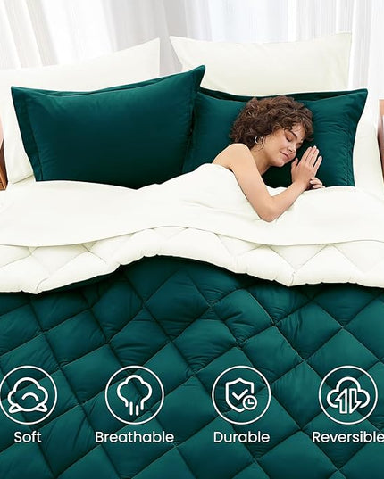 MUXHOMO 7 Pieces Full Comforter Set, Reversible Bed in a Bag Full Size, All Season Bedding Set with Comforter, Flat Sheet, Fitted Sheet, Pillowcases & Shams, Peacock Blue & Ivory