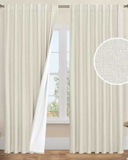 LAMIT Natural 100% Blackout Linen Curtains, 84 Inches Linen Textured Thermal Bedroom Curtains Back Tab and Rod Pocket Neutral Panels with White Liner for Farmhouse, 2 Panels, 60 x 84 Inch, Ivory