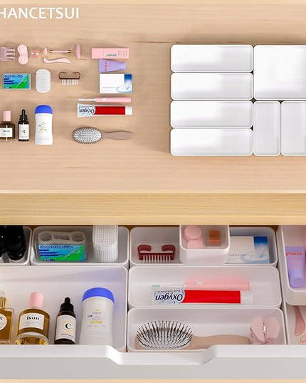 9 Pcs Stackable Drawer Organizer Trays Set, Multifunctional Stackable Storage Trays for Vanity, Bathroom, Kitchen, Desk Drawer Organizer Office. Plastic Drawer Organizers Available In 5 Colours, White