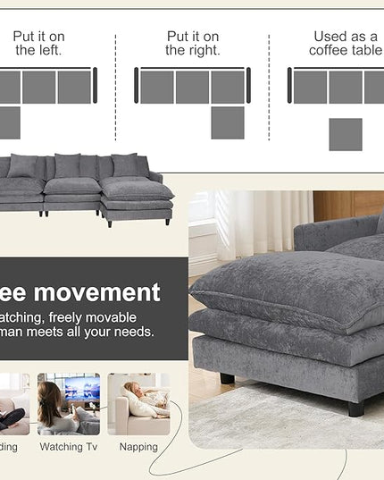 Modular Sectional Sofa,108.27'' Modern Sofa Sleeper Couch with 3 Seat & 1 Ottoman & 3 pillows Sofa Set,Comfy Cloud Couches with Movable Ottoman Deep Seat Sofa for Living Room Chenille (Gray, L Shaped)