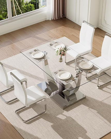 63” Glass Dining Table Set for 4,Modern Dining Room Table Set for 4, Kitchen Table and PU Leather Chairs, Dinner Table with Rectangle Tempered Glass Top and Chrome Silver Base