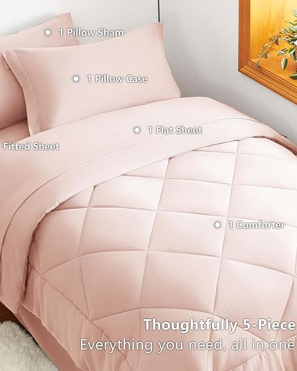 CozyLux Twin XL Comforter Set Blush Pink - 5 Pieces Twin Extra Long Bed in a Bag for College Dorm, All Season Bedding Set for Girls and Boys, Soft Bed Set with Comforter, Sheets, Pillowcase & Sham