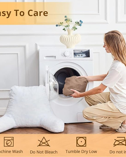 Sasttie Reading Pillow, Velvet Back Pillow for Bed Sitting Up, Adult Back-Rest Support Cushion with Arms for Sit Up on Couch, Sofa, and Floor, Dorm Essentials, Reading Accessories, Light Brown