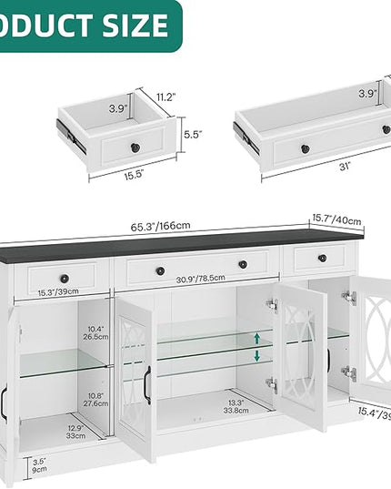 YITAHOME Sideboard Buffet Cabinet with Storage, 65" Buffet Table with 4 Glass Doors and 3 Drawers, Coffee Bar Cabinet with Adjustable Shelves for Kitchen, Living Room, White
