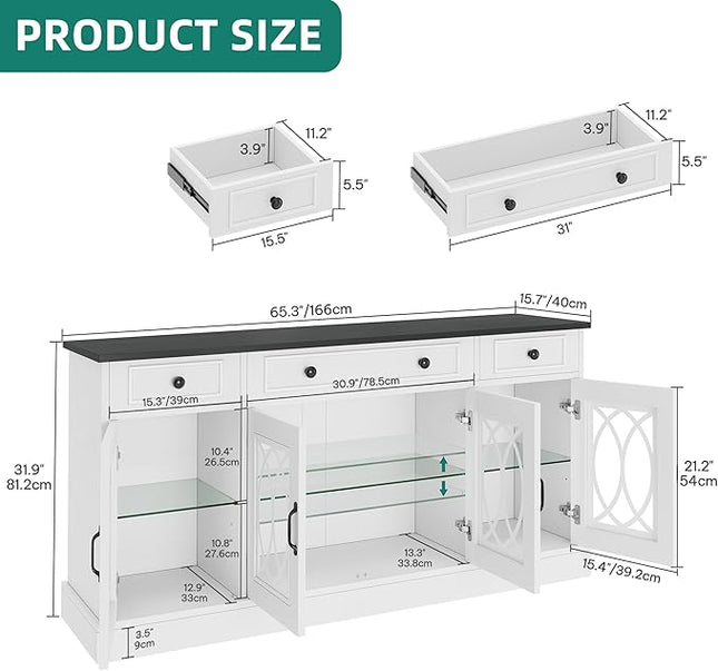 YITAHOME Sideboard Buffet Cabinet with Storage, 65" Buffet Table with 4 Glass Doors and 3 Drawers, Coffee Bar Cabinet with Adjustable Shelves for Kitchen, Living Room, White