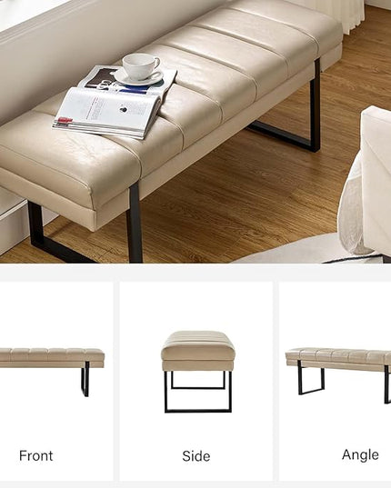 HULALA HOME 53" Faux Leather Entryway Bench, Button Tufted End of Bed Bench Ottoman for Bedroom, Living Room with Metal Base,Beige