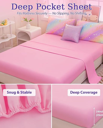 Rainbow Bedding Set Full Size – 6-Piece Reversible Girls Comforter with Deep-Pocket Sheet, Gradient Galaxy Design, Whole-Piece Filling, Machine Washable Bed-in-a-Bag for Kids Room Makeover & Gifts