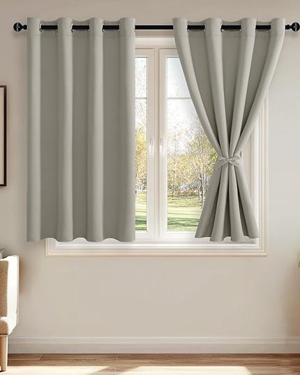 JIUZHEN Silver Grey Blackout Curtains with Tiebacks Thermal Insulated, Light Blocking and Noise Reducing Grommet Curtains for and Living Room, Set of 2 Window Curtain Panels, 52 x 54 Inch Length