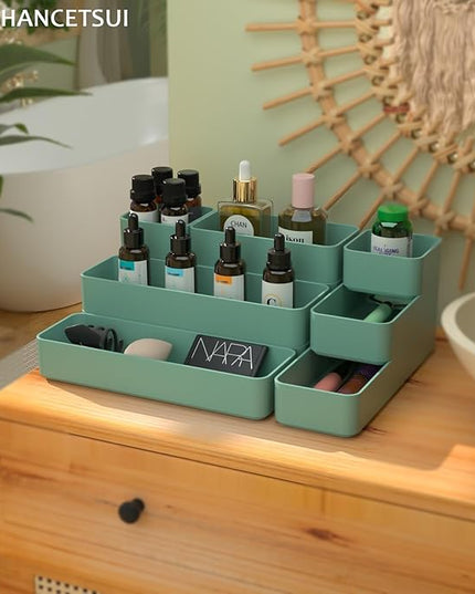 CHANCETSUI 9 Pcs Stackable Drawer Organizer Trays Set, Green, Multifunctional Storage for Vanity, Bathroom, Kitchen, Desk Drawer Organizer Office, PET Plastic